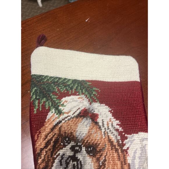 VTG Christmas Needlepoint Stocking Wool Completed Kit Handmade EUC Dog Shitsuoe - Picture 3 of 9